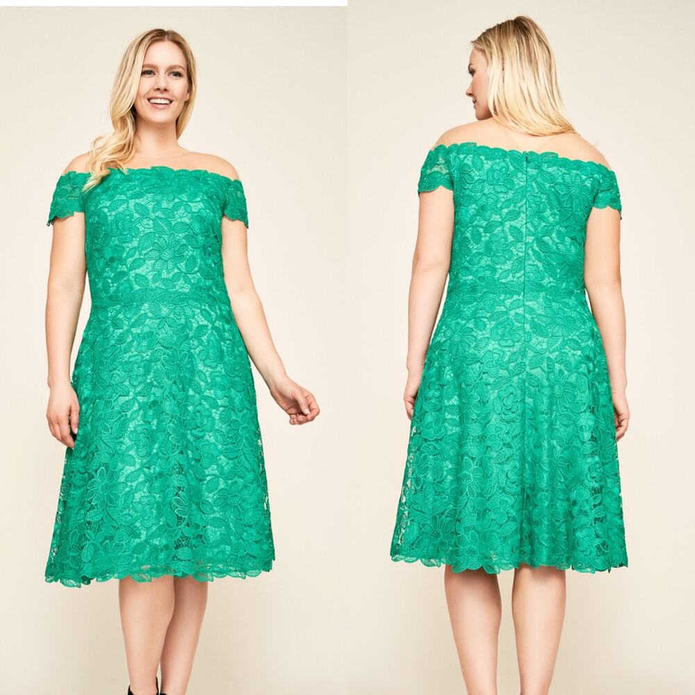 Tadashi Shoji Elidi Off The Shoulder Lace Floral Green Dress